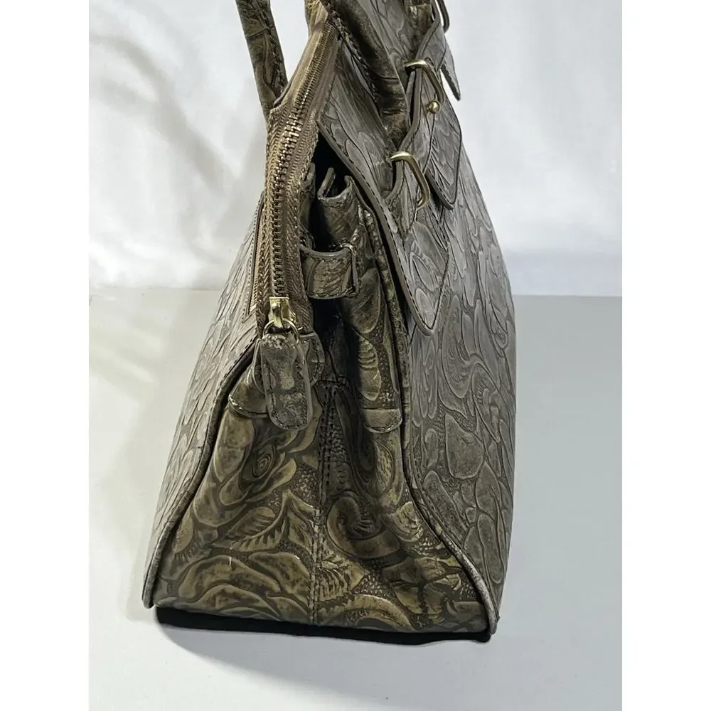 Maxx New York Floral Embossed Patent Leather Satchel Gold Zip Top Shoulder Bag